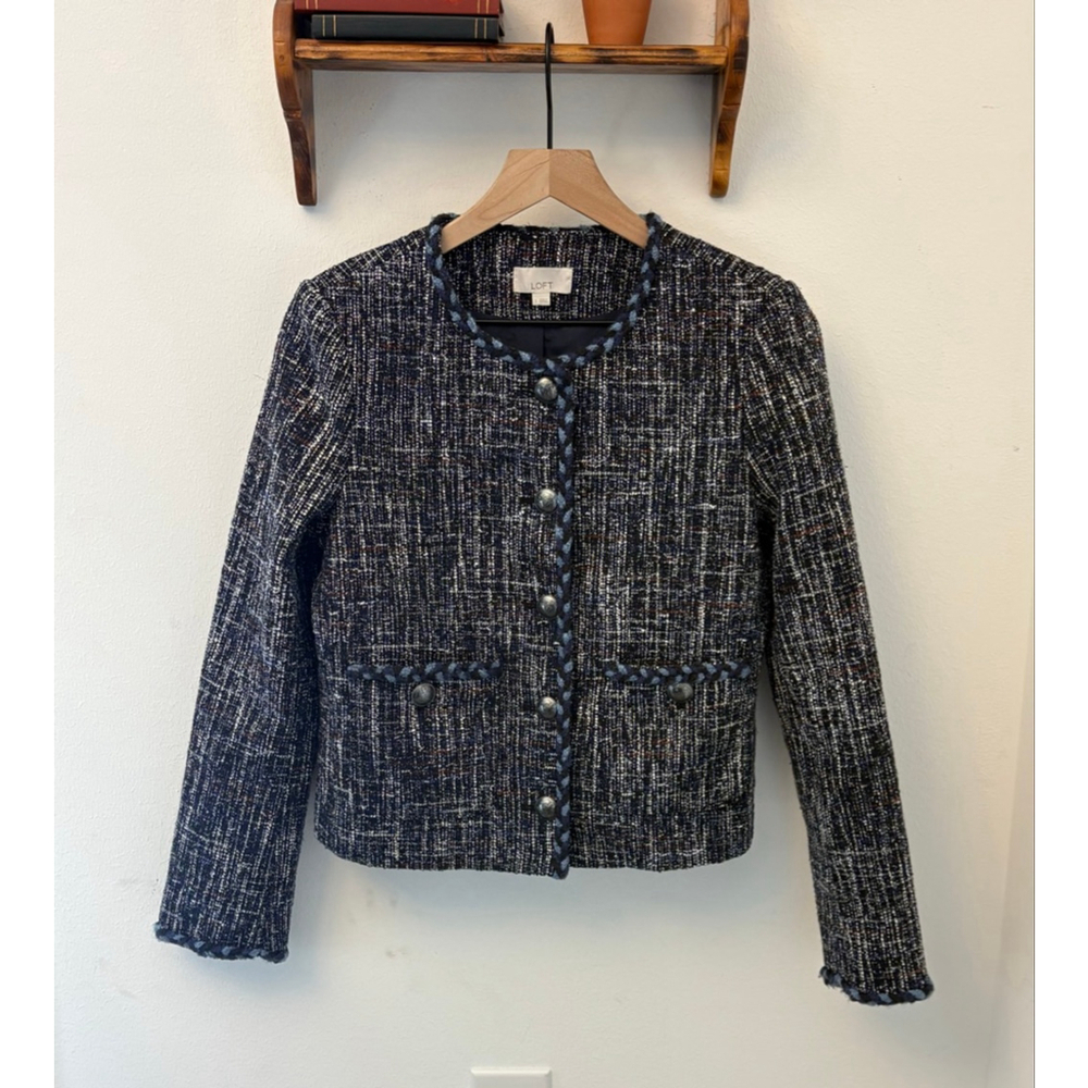 LOFT Cropped Tweed Jacket in a multi color blue, light blue, red and white